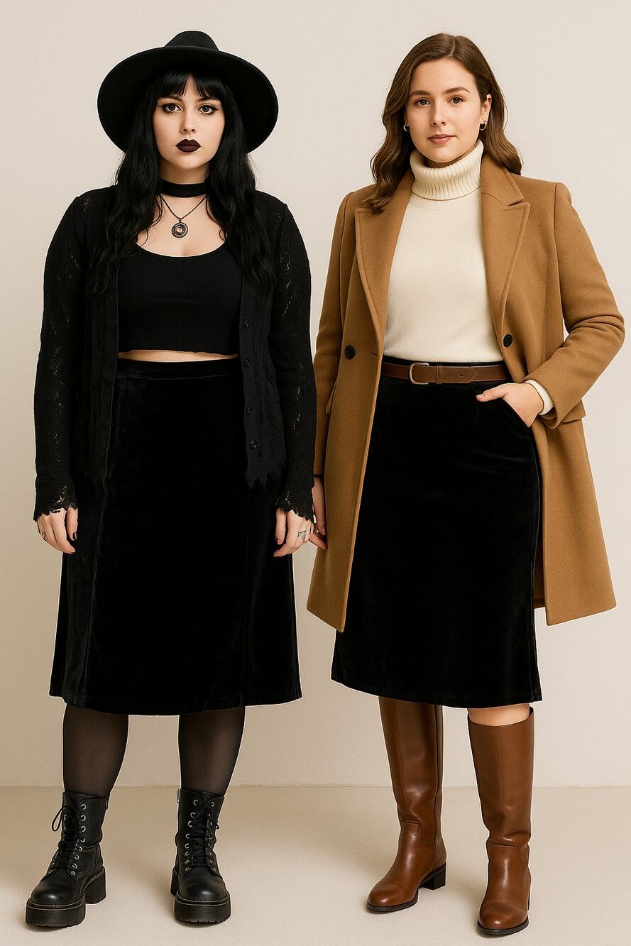 Kate Hill midi velvet skirt black size 12 goth academia fall winter trendy